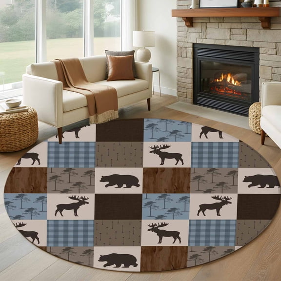 Round Area Rug 5ft Retro Deer Bear Plaid Check Area Rugs Washable Low Pile Floor Carpet for Bedroom, Abstract Patchwork Pattern Non Slip Soft Rugs for Living Room Entryway Dining Room