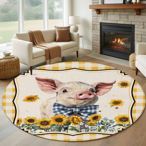 Round Area Rug 5ft Retro Farm Pig Sunflower on Linen Area Rugs Washable Low Pile Floor Carpet for Bedroom, Yellow White Buffalo Plaid Non Slip Soft Rugs for Living Room Entryway Dining Room
