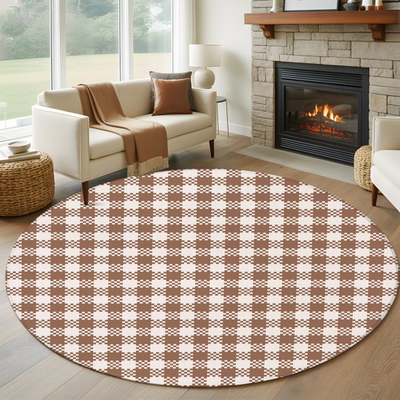 Round Area Rug 5ft Retro Geometric Buffalo Tartan Area Rugs Washable Low Pile Floor Carpet for Bedroom, Chic Plaid Khaki White Non Slip Soft Rugs for Living Room Entryway Dining Room