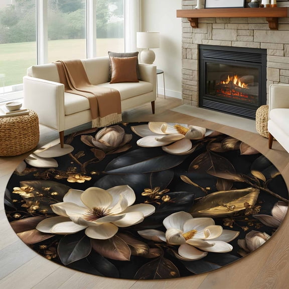 Round Area Rug 5ft Retro Gorgeous Bloom Magnolias Area Rugs Washable Low Pile Floor Carpet for Bedroom, Luxurious Flower Gold Non Slip Soft Rugs for Living Room Entryway Dining Room