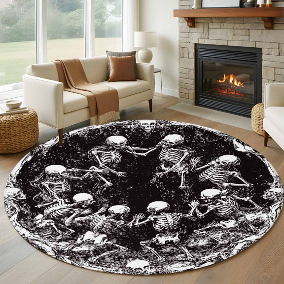 Round Area Rug 5ft Retro Halloween Scary Skull Skeleton Area Rugs Washable Low Pile Floor Carpet for Bedroom, Monochrome Horror Silhouette Non Slip Soft Rugs for Living Room Entryway Dining Room