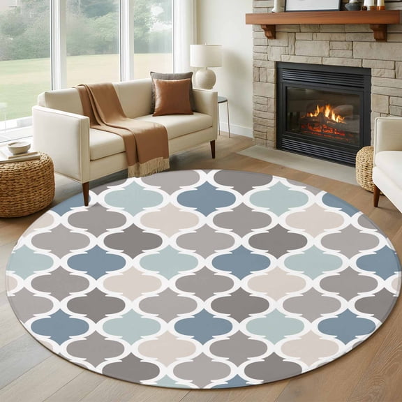 Round Area Rug 5ft Retro Moroccan Lattice Circle Kitchen Mats Non-Slip Geometric Classic Quatrefoil Trellis Washable Round Carpet for Kitchen Living Room Bedroom Home Decor