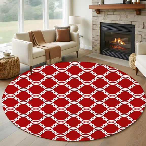 Round Area Rug 5ft Retro Moroccan Red Geometric Area Rugs Washable Low Pile Floor Carpet for Bedroom, Abstract Watercolor Stripe Non Slip Soft Rugs for Living Room Entryway Dining Room