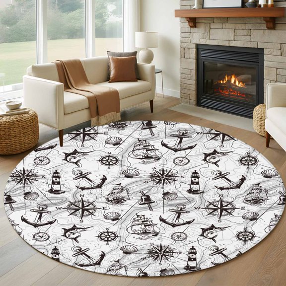 Round Area Rug 5ft Retro Nautical Anchor Lighthouse Area Rugs Washable Low Pile Floor Carpet for Bedroom, Black White Compass Map Non Slip Soft Rugs for Living Room Entryway Dining Room