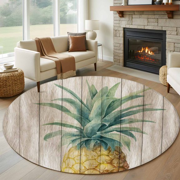 Round Area Rug 5ft Retro Pineapple On Wooden Boards Area Rugs Washable Low Pile Floor Carpet for Bedroom, Summer Fruit Non Slip Soft Rugs for Living Room Entryway Dining Room