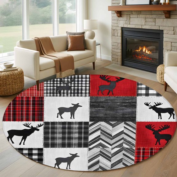 Round Area Rug 5ft Retro Reindeer Silhouette Area Rugs Washable Low Pile Floor Carpet for Bedroom, Buffalo Wood Plank Stitching Art Non Slip Soft Rugs for Living Room Entryway Dining Room