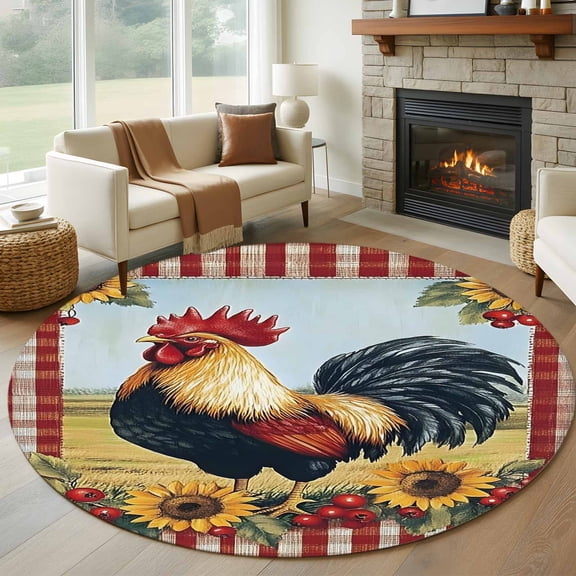 Round Area Rug 5ft Retro Rooster Sunflower Circle Kitchen Mats Non-Slip Red Plaid Washable Round Carpet for Kitchen Living Room Bedroom Home Decor