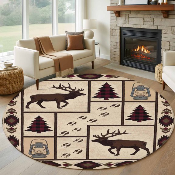 Round Area Rug 5ft, Retro Southwest Geometric Non-Slip Non-Shedding Floor Mat, Reindeer Pine Tree Washable Sturdy Carpet for Living Room Bedroom Home Decor