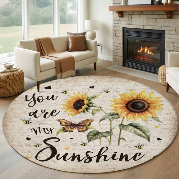 Round Area Rug 5ft Retro Sunflower Sunshine Quote Area Rugs Washable Low Pile Floor Carpet for Bedroom, Butterfly Floral Bee on Letter Non Slip Soft Rugs for Living Room Entryway Dining Room