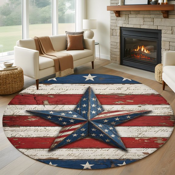 Round Area Rug 5ft Retro USA Flag Wood Texture Area Rugs Washable Low Pile Floor Carpet for Bedroom, July 4th Red Blue White Star Stripe Non Slip Soft Rugs for Living Room Entryway Dining Room