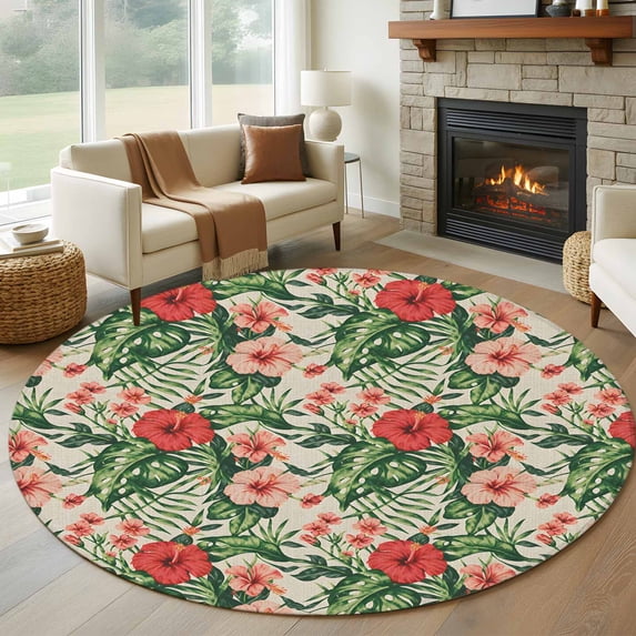 Round Area Rug 5ft,Retro Watercolor Flower Leaf Washable Carpet Non-Slip Runner Accent Rugs Indoor Floor Mat for Bedroom Living Room Decor,Tropical Red Pink Green Plant