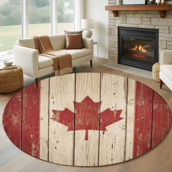 Round Area Rug 5ft, Retro Wooden Stripes Maple Leafs Non-Slip Non-Shedding Floor Mat, Country Red Brown Plank Washable Sturdy Carpet for Living Room Bedroom Home Decor