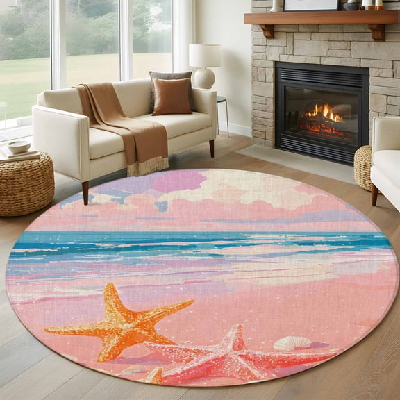 Round Area Rug 5ft Romantic Pink Beach Sunset Area Rugs Washable Low Pile Floor Carpet for Bedroom, Starfish Shell Non Slip Soft Rugs for Living Room Entryway Dining Room