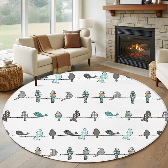 Round Area Rug 5ft Rowley Birds Floral Pattern Circle Kitchen Mats Non-Slip Buffalo Plaid Blue Ice Washable Round Carpet for Kitchen Living Room Bedroom Home Decor