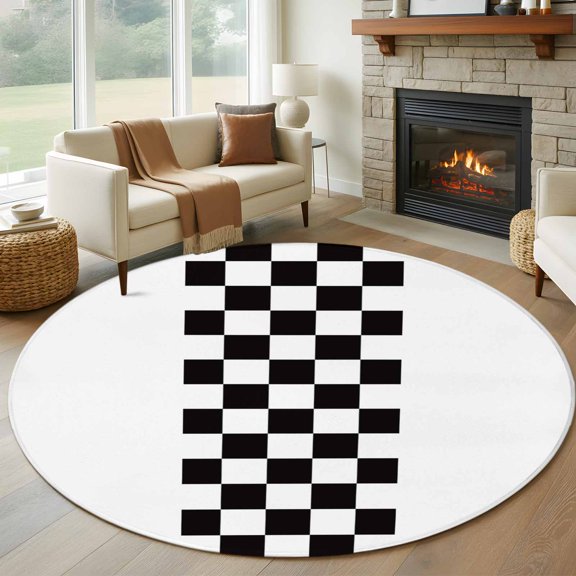 Round Area Rug 5ft Rural Black and White Buffalo Lattice Checked Area Rugs Washable Low Pile Floor Carpet for Bedroom, Gingham Non Slip Soft Rugs for Living Room Entryway Dining Room
