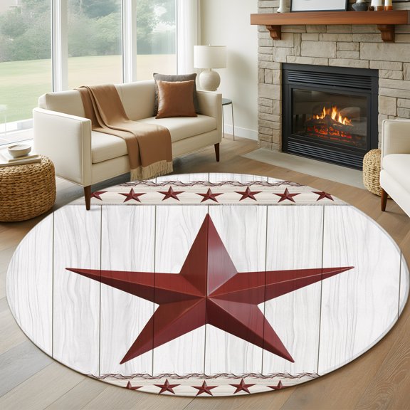 Round Area Rug 5ft Rustic American Farm Stars Farmhouse Barn Area Rugs Washable Low Pile Floor Carpet for Bedroom, Retro Wood Plank Non Slip Soft Rugs for Living Room Entryway Dining Room