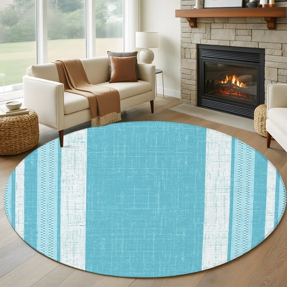 Round Area Rug 5ft, Rustic Aqua Minimalist Stripes Non-Slip Non-Shedding Floor Mat, Farmhouse Burlap Linen Washable Sturdy Carpet for Living Room Bedroom Home Decor