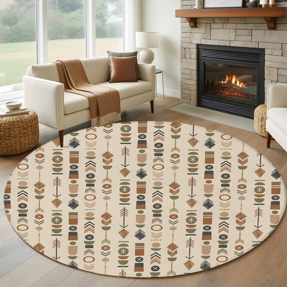 Round Area Rug 5ft Rustic Aztec Pattern Area Rugs Washable Low Pile Floor Carpet for Bedroom, Southwestern Geometric Seamless Art Non Slip Soft Rugs for Living Room Entryway Dining Room