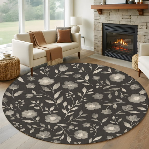 Round Area Rug 5ft, Rustic Botanical Wildflowers Leaves Non-Slip Non-Shedding Floor Mat, Seamless Floral on Black Washable Sturdy Carpet for Living Room Bedroom Home Decor