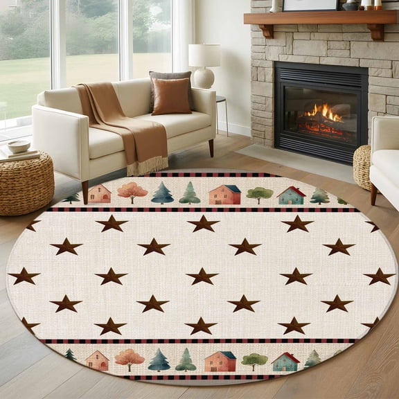 Round Area Rug 5ft, Rustic Country Towns Illustration Non-Slip Non-Shedding Floor Mat, Brown Stars Tree House Washable Sturdy Carpet for Living Room Bedroom Home Decor