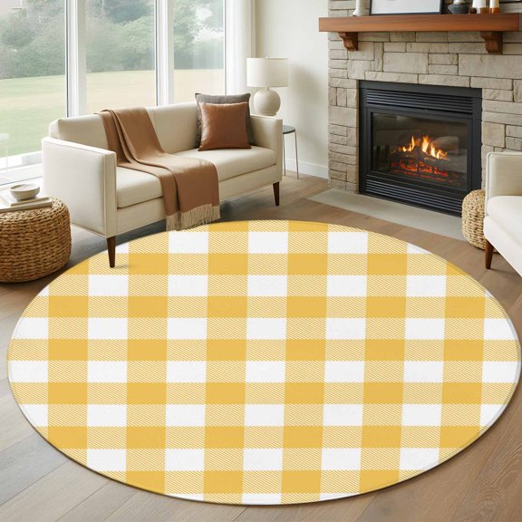 Round Area Rug 5ft Rustic Country Yellow and White Buffalo Lattice Checked Area Rugs Washable Low Pile Floor Carpet for Bedroom, Farm Style Non Slip Soft Rugs for Living Room Entryway Dining Room