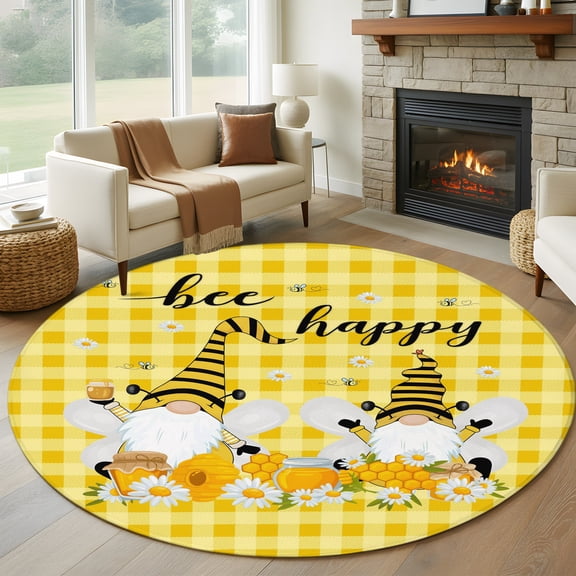 Round Area Rug 5ft Rustic Dwarf Bee Flower Area Rugs Washable Low Pile Floor Carpet for Bedroom, Pastoral Theme Yellow Buffalo Plaid Non Slip Soft Rugs for Living Room Entryway Dining Room