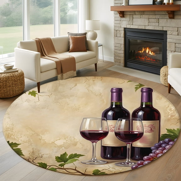 Round Area Rug 5ft Rustic Grapes Wine Goblets Bottles Area Rugs Washable Low Pile Floor Carpet for Bedroom, Farmhouse Italian Manor Non Slip Soft Rugs for Living Room Entryway Dining Room