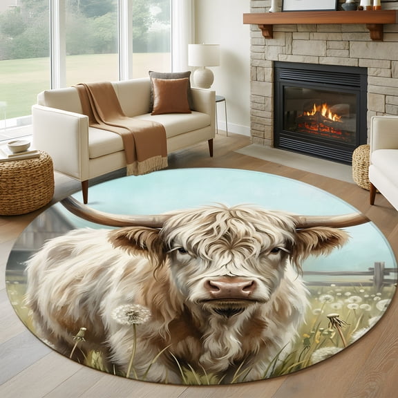Round Area Rug 5ft Rustic Highland Cow Dandelion Area Rugs Washable Low Pile Floor Carpet for Bedroom, Farm Wood Barn Glassland Non Slip Soft Rugs for Living Room Entryway Dining Room