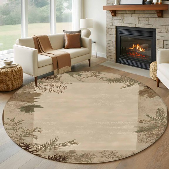 Round Area Rug 5ft Rustic Pine Cones Leaves on Beige Area Rugs Washable Low Pile Floor Carpet for Bedroom, Farmhouse Plants Non Slip Soft Rugs for Living Room Entryway Dining Room