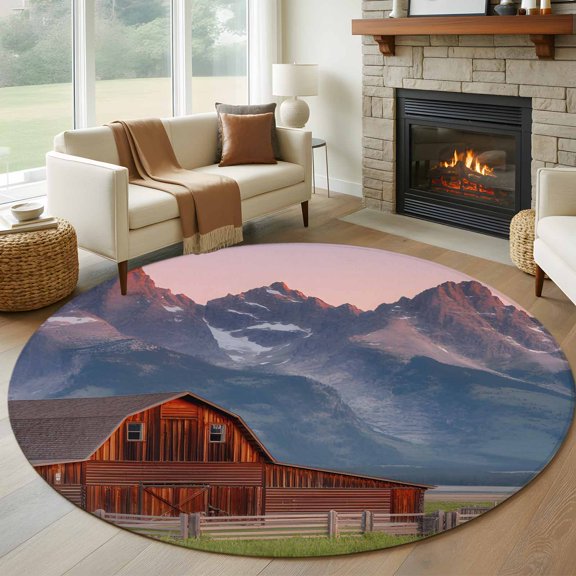 Round Area Rug 5ft Rustic Red Barn Snow Mountain Area Rugs Washable Low Pile Floor Carpet for Bedroom, Farmhouse Natural Scenery Non Slip Soft Rugs for Living Room Entryway Dining Room