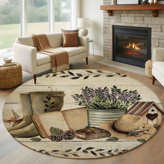 Round Area Rug 5ft,Rustic Retro Book Boot Cap Washable Carpet Non-Slip Runner Accent Rugs Indoor Floor Mat for Bedroom Living Room Decor,Vintage Farmhouse Wood Board
