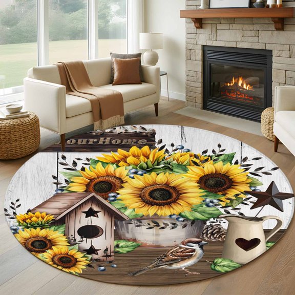 Round Area Rug 5ft Rustic Retro Wood Plank Bird Area Rugs Washable Low Pile Floor Carpet for Bedroom, Country Bird Sunflower Pine Cone Non Slip Soft Rugs for Living Room Entryway Dining Room