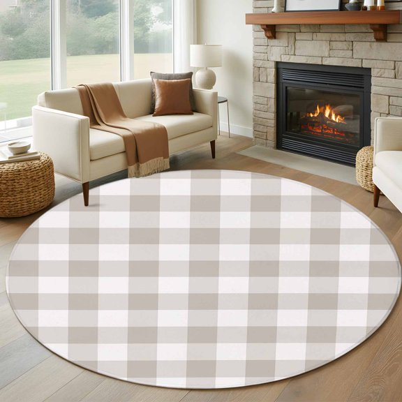 Round Area Rug 5ft Rustic Vintage Plaid Texture Area Rugs Washable Low Pile Floor Carpet for Bedroom, Light Brown Non Slip Soft Rugs for Living Room Entryway Dining Room