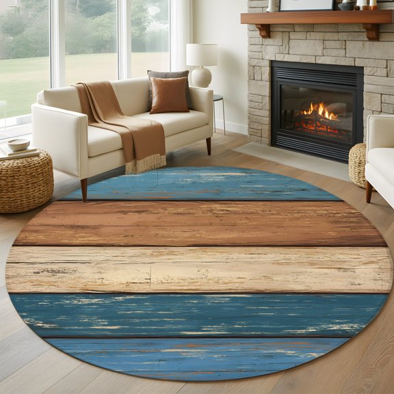Round Area Rug 5ft Rustic Wood Board Blue Brown Area Rugs Washable Low Pile Floor Carpet for Bedroom, Farmhouse Vintage Plank Non Slip Soft Rugs for Living Room Entryway Dining Room