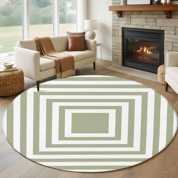 Round Area Rug 5ft Sage Green Square Stripe Area Rugs Washable Low Pile Floor Carpet for Bedroom, Modern Minimalist Style Non Slip Soft Rugs for Living Room Entryway Dining Room