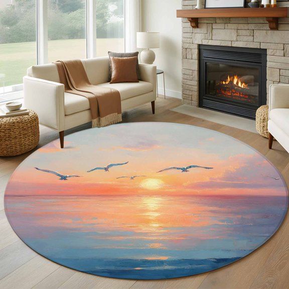 Round Area Rug 5ft Sea ​​Bird Sunset Ocean Area Rugs Washable Low Pile Floor Carpet for Bedroom, Watercolor Oil Painting Art Non Slip Soft Rugs for Living Room Entryway Dining Room