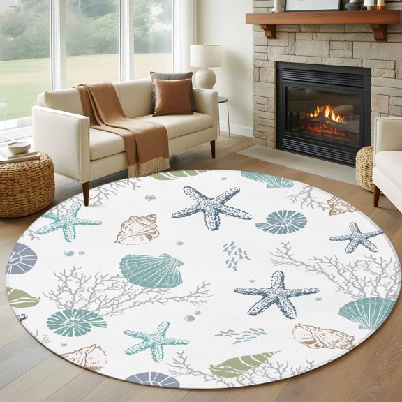 Round Area Rug 5ft Sea Shell Starfish Coral Seamless Area Rugs Washable Low Pile Floor Carpet for Bedroom, Summer Ocean Theme Non Slip Soft Rugs for Living Room Entryway Dining Room