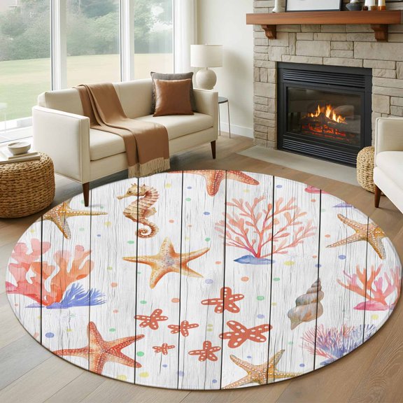 Round Area Rug 5ft Sea Starfish Coral Seahorse Area Rugs Washable Low Pile Floor Carpet for Bedroom, Boho Marine Life Wood Plank Non Slip Soft Rugs for Living Room Entryway Dining Room