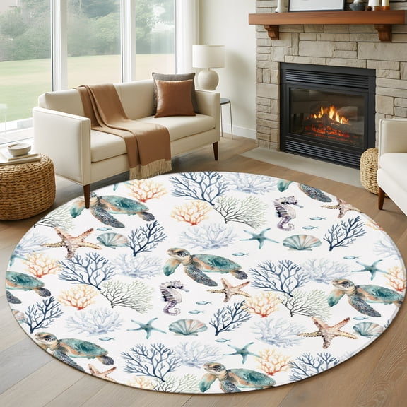 Round Area Rug 5ft Sea Turtle Coastal Coral Seamless Area Rugs Washable Low Pile Floor Carpet for Bedroom, Summer Ocean Nautical Non Slip Soft Rugs for Living Room Entryway Dining Room
