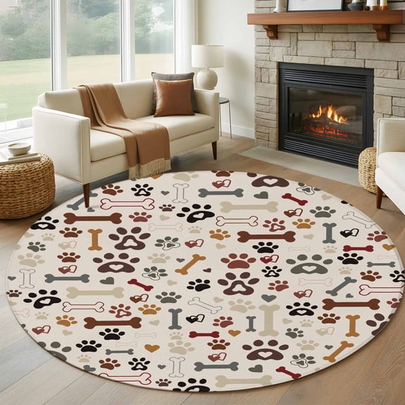 Round Area Rug 5ft Seamless Dog Paw Bone Texture Area Rugs Washable Low Pile Floor Carpet for Bedroom, Pet Claw Love Heart on Khaki Non Slip Soft Rugs for Living Room Entryway Dining Room
