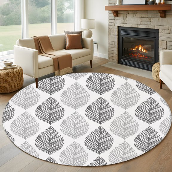 Round Area Rug 5ft Seamless Grey Leaves Texture Area Rugs Washable Low Pile Floor Carpet for Bedroom, Abstract Line on White Non Slip Soft Rugs for Living Room Entryway Dining Room