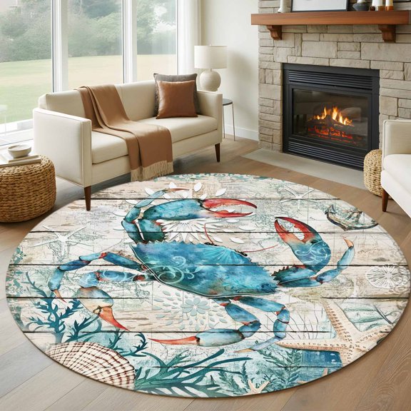 Round Area Rug 5ft Seaside Crab Starfish Shell Nautical Anchor Area Rugs Washable Low Pile Floor Carpet for Bedroom, Farm Vintage Wood Board Non Slip Soft Rugs for Living Room Entryway Dining Room