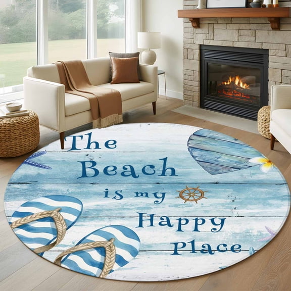 Round Area Rug 5ft Seaside Slipper Starfish Wood Board Area Rugs Washable Low Pile Floor Carpet for Bedroom, Summer Beach Blue Theme Non Slip Soft Rugs for Living Room Entryway Dining Room