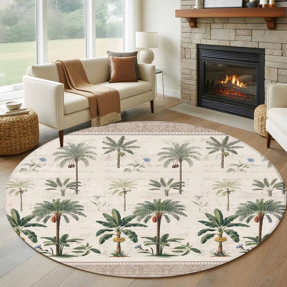 Round Area Rug 5ft, Serene Botanical Print Non-Slip Non-Shedding Floor Mat, Beige Border Weathered Textures Washable Sturdy Carpet for Living Room Bedroom Home Decor