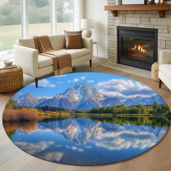 Round Area Rug 5ft Snow Capped Mountain Area Rugs Washable Low Pile Floor Carpet for Bedroom, Lake Reflection Non Slip Soft Rugs for Living Room Entryway Dining Room