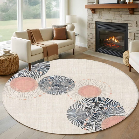 Round Area Rug 5ft Soft Blush Circles Area Rugs Washable Low Pile Floor Carpet for Bedroom, Retro Delicate Line on Linen Non Slip Soft Rugs for Living Room Entryway Dining Room