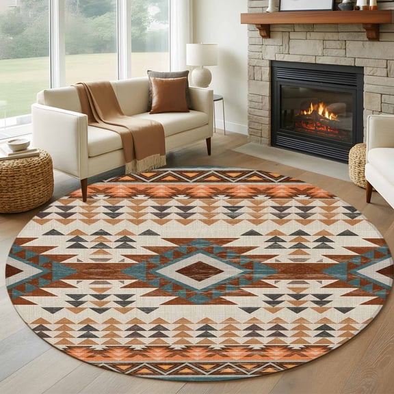Round Area Rug 5ft, Southwestern Ethnic Geometric Art Non-Slip Non-Shedding Floor Mat, Rustic Tribal Native Arrows Washable Sturdy Carpet for Living Room Bedroom Home Decor