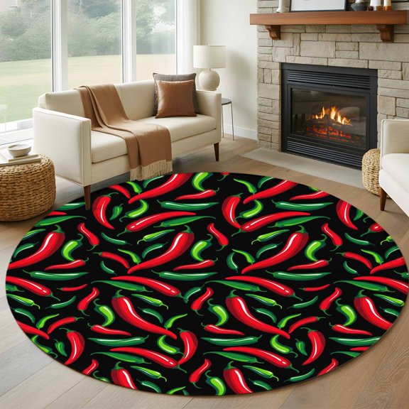 Round Area Rug 5ft Spicy Chili Pepper Pattern Area Rugs Washable Low Pile Floor Carpet for Bedroom, Red Green Peppers on Black Non Slip Soft Rugs for Living Room Entryway Dining Room