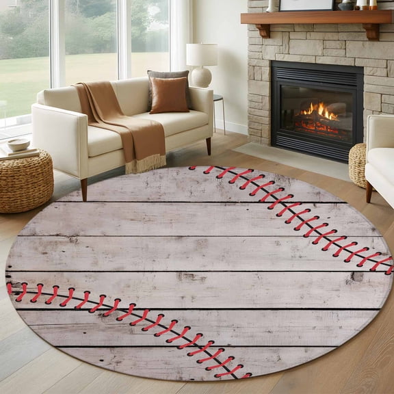 Round Area Rug 5ft Sports Baseball Texture Red Lines Area Rugs Washable Low Pile Floor Carpet for Bedroom, Farm Wooden Plank Non Slip Soft Rugs for Living Room Entryway Dining Room