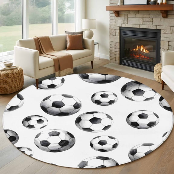 Round Area Rug 5ft Sports Soccer Balls Area Rugs Washable Low Pile Floor Carpet for Bedroom, Modern Minimalist Football Pattern Non Slip Soft Rugs for Living Room Entryway Dining Room
